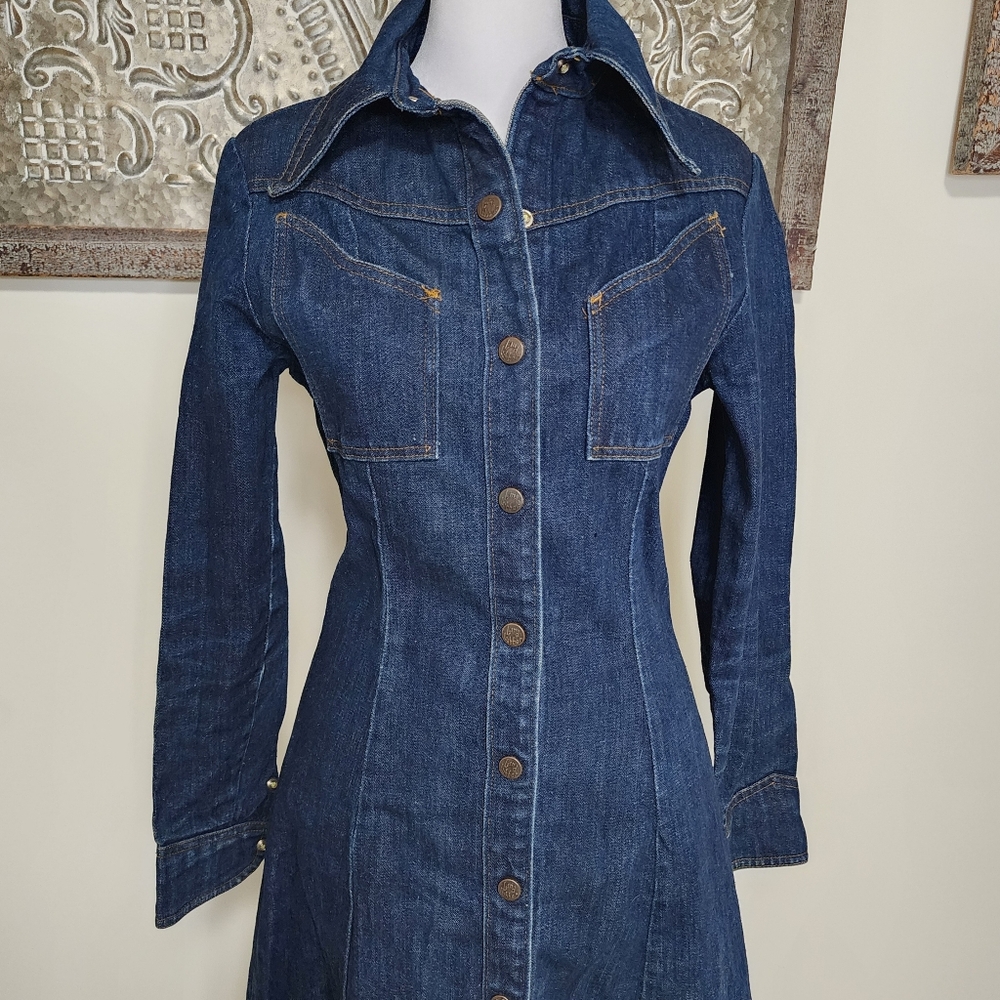 70's Vintage Landlubber Denim Duster Snap Button Dress Sz7 USA Western Boho Chic - Picture 3 of 15